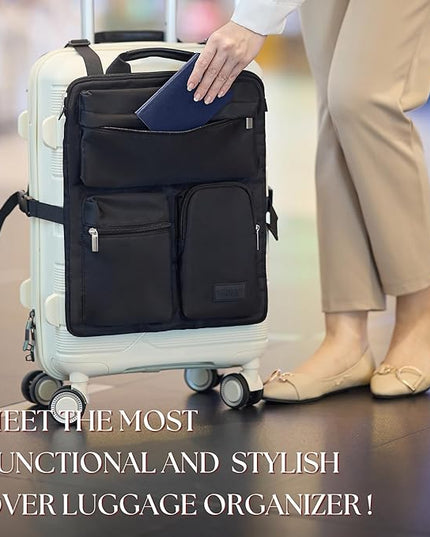 BAREFOOT CARIBOU Over Luggage Organizer for Carry On Bag or Suitcase with Storage Pockets, 16” Laptop Sleeve with Handle, Travel Accessories Bag Slide On Luggage Harness with Adjustable Straps (Black)