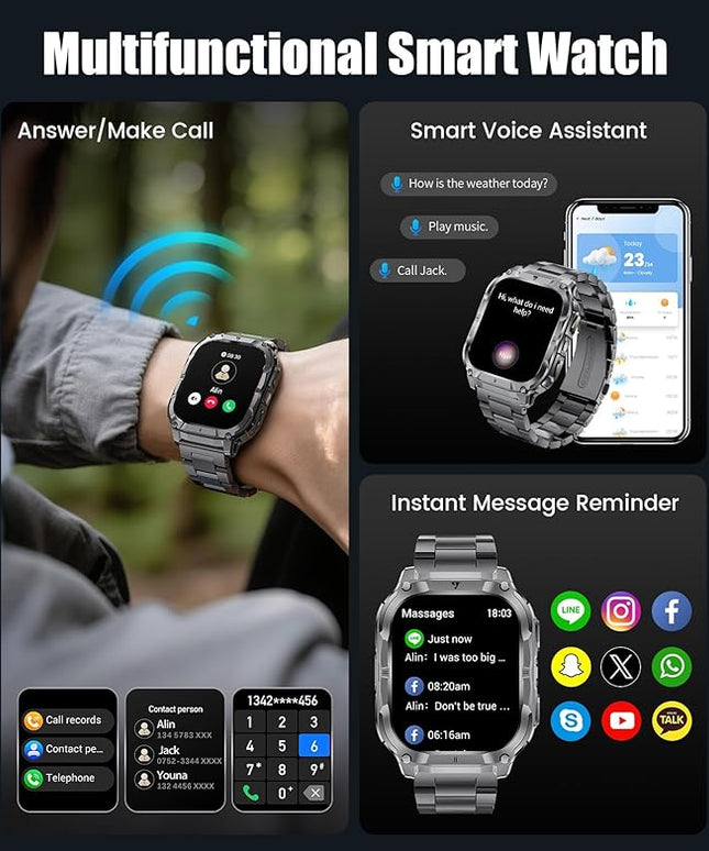 2.0" Military Smart Watch for Men with Flashlight, Make/Answer Calls, 1000mAh, IP68 Waterproof, 100+ Sport Modes Fitness Tracker for Workout Outdoor iOS Android Compatible, Black-Orange