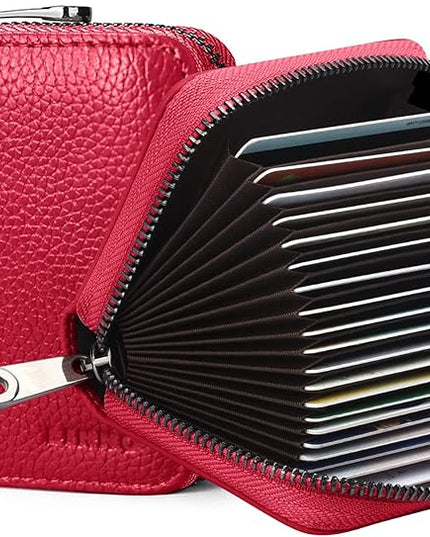 Linno RFID 20 Slots Credit Card Holder Genuine Leather Small Wallet for Women or Men with Zipper