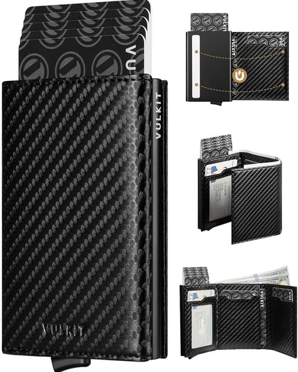 VULKIT Pop up Card Wallet Minimalist Cash Wallets RFID Blocking Leather Smart Credit Card Holder with ID window for Men (Carbon Black)