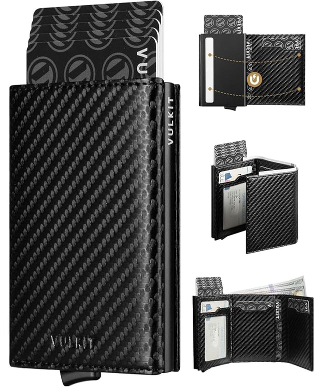 VULKIT Pop up Card Wallet Minimalist Cash Wallets RFID Blocking Leather Smart Credit Card Holder with ID window for Men (Carbon Black)