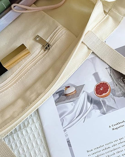 BROADREAM Aesthetic Canvas Tote Bag for Women, Vintage Reusable Book Tote Bag with Inner Zipper Pocket