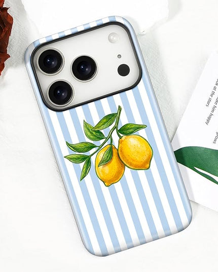 Magnetic for iPhone 17 Pro Max Case Cute Lemon Stripes Phone Case, Shockproof Slim TPU and Hard PC Protective Phone Cover Compatible with MagSafe Designed for Women Girls, Blue