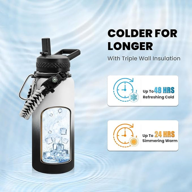 Insulated Water Bottle 32 oz, Triple Wall Vacuum Stainless Steel (Cold for 48 Hrs), Leak Proof & Non-BPA, Modern Water Flask Jug with Paracord Handle & Straw Spout Lids, Ombre: White/Black
