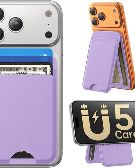Fanseesy for MagSafe Wallet with Stand, 5 Card Holder, Slim Leather Magnetic Wallet for iPhone 17/16/15/14/13/12 Pro Max Plus Air Series, 3 Card Slots & 1 Cash Slot,Purple