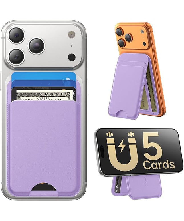 Fanseesy for MagSafe Wallet with Stand, 5 Card Holder, Slim Leather Magnetic Wallet for iPhone 17/16/15/14/13/12 Pro Max Plus Air Series, 3 Card Slots & 1 Cash Slot,Purple