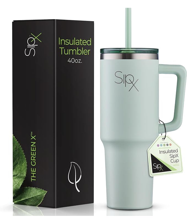 SIPX™ 40 oz Insulated Tumbler with Handle & Straw – Vacuum Insulated Stainless Steel, Leakproof, Cupholder Friendly – Perfect for Iced Coffee, Water & Travel – Green
