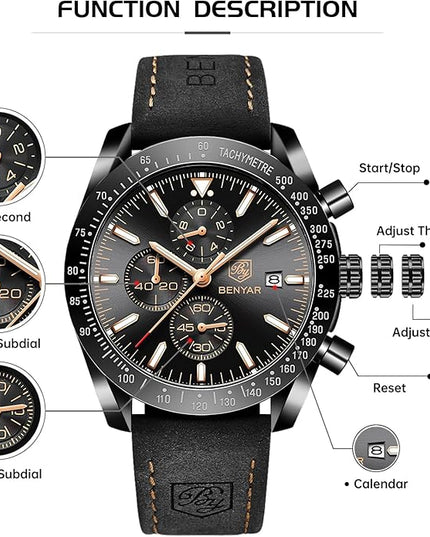 BY BENYAR Watch for Men Analog Quartz Chronograph Waterproof Luminous Designer Mens Wrist Watches Business Work Sport Casual Dress Watch with Silicone Strap Elegant Gifts for Men