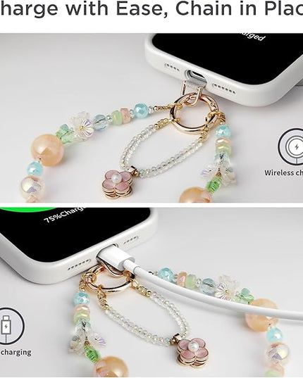 Phone Charm for Women, Anti-Theft Phone Wrist Strap Hands-Free & Beaded Chain, Detachable Cell Phone Lanyard with Tether Tab