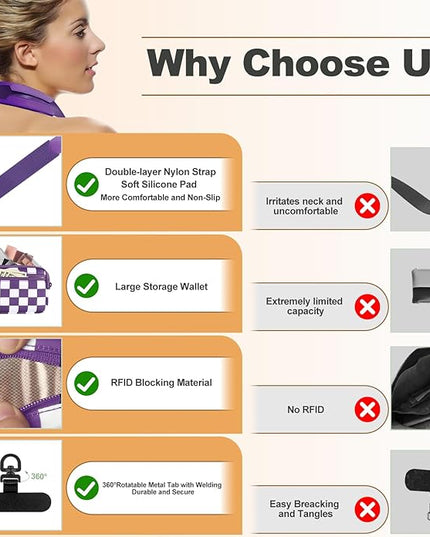 Clip and Go Strap for Phone with Wallet Crossbody, Adjustable Phone Lanyard with Detachable RFID Wristlet Wallet, Phone Strap with Phone Tabs for All Phones, Purple Checkered (L)