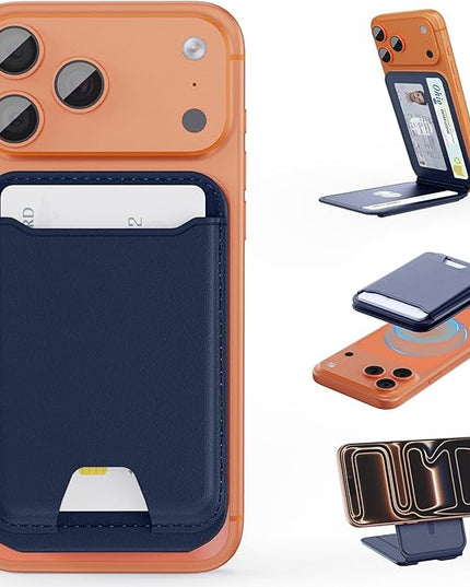TopMade for Magsafe Wallet, Magnetic Card Holder for iPhone 17/16/15/14/13/12 Series, Leather Strongest Magnetic Phone Wallet Stand Adjustable, 5 Cards Holder, RFID Blocking, ID Window, Navy Blue