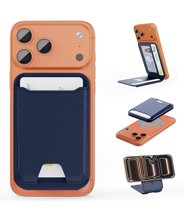 TopMade for Magsafe Wallet, Magnetic Card Holder for iPhone 17/16/15/14/13/12 Series, Leather Strongest Magnetic Phone Wallet Stand Adjustable, 5 Cards Holder, RFID Blocking, ID Window, Navy Blue