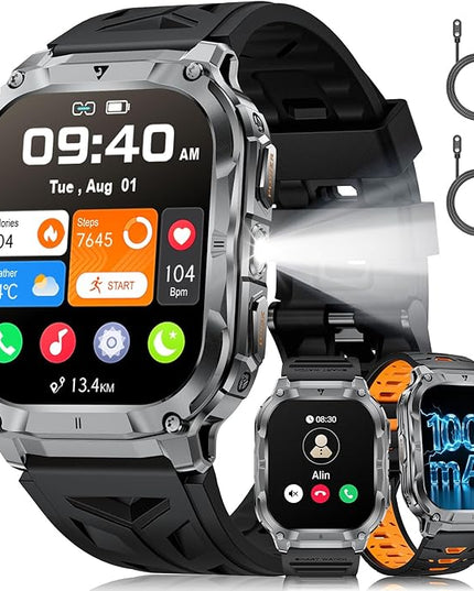 2.0" Military Smart Watch for Men with Flashlight, Make/Answer Calls, 1000mAh, IP68 Waterproof, 100+ Sport Modes Fitness Tracker for Workout Outdoor iOS Android Compatible, Black-Silicone