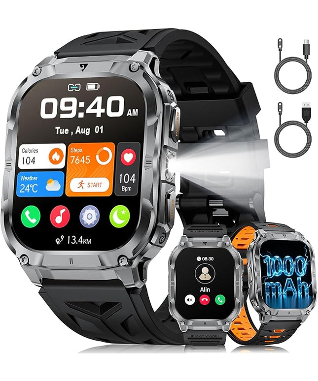 2.0" Military Smart Watch for Men with Flashlight, Make/Answer Calls, 1000mAh, IP68 Waterproof, 100+ Sport Modes Fitness Tracker for Workout Outdoor iOS Android Compatible, Black-Silicone