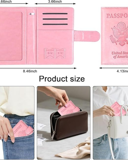 Sizobi Passport Holder for Travel, RFID Passport Cover Wallet for Women Men, Leather Passport Book Card Holder Case for International Travel Must Haves Accessories, Cruise Ship Essentials Gifts, Pink
