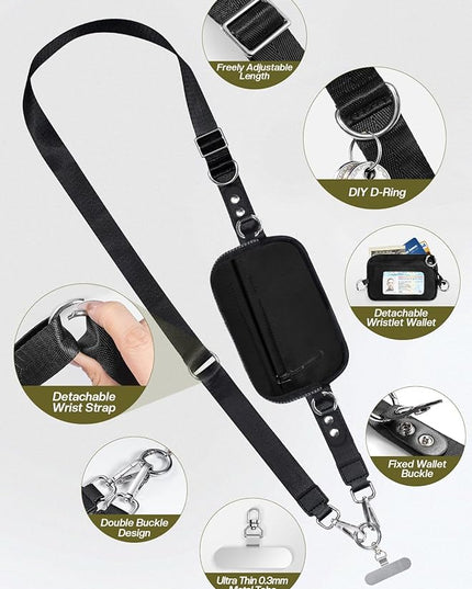 Clip and Go Strap for Phone with Wallet Crossbody Phone Lanyard Adjustable and Detachable RFID Wristlet Wallet with ID Window and Zipper, Black