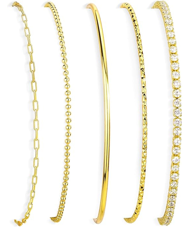 Gold Bracelets Set for Women Stack, Dainty Thick Bracelets Stack for Women Trendy, Simple Thin Gold Plated Cuff Stackable Bracelets With Beaded Cuban Paperclip Snake Rope Bangle Hand Chain Jewelry Gifts for Women Non Tainish