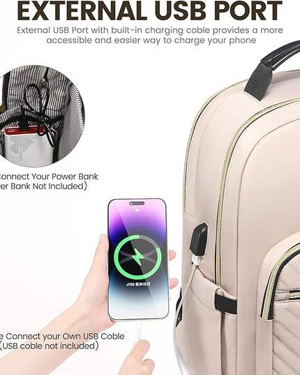 LOVEVOOK Laptop Backpack for Women 15.6 inch,Cute Womens Travel Purse,Professional Computer Bag,Waterproof Work Business College Teacher Bags Carry on with USB Port,Nude