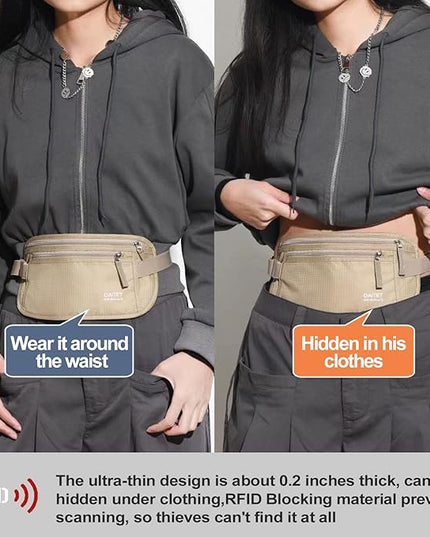 DAITET Money Belt - Passport Holder Secure Hidden Travel Wallet with RFID Blocking, Undercover Fanny Pack (Beige)