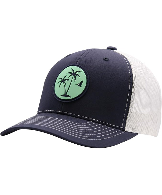 LINDO Trucker Hat [ Palm Tree 2.0 Design ] for Men and Women: Mid Profile Cap with Breathable Mesh Back and Adjustable Snap
