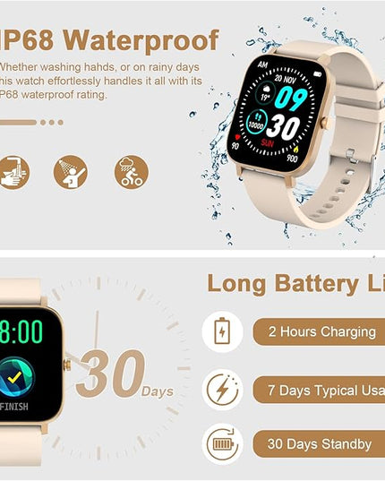 Smart Watch for Men Women Compatible with iPhone Samsung Android Phone 1.69 inch Full Touch Screen IP68 Waterproof Bluetooh Fitness Tracker Heart Rate/Sleep Monitor (Gold)