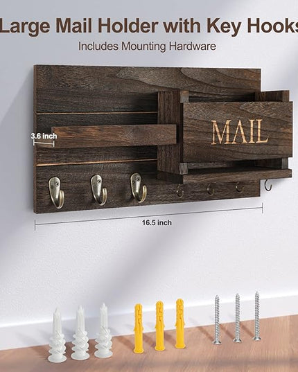 Lwenki Mail Organizer for Wall Mount – Key Holder with Shelf Includes Letter Holder and Hooks for Hallway Farmhouse Decor – Rustic Wood with Flush Mounting Hardware (16.5” x 9.1” x 3.4”) (Brown)