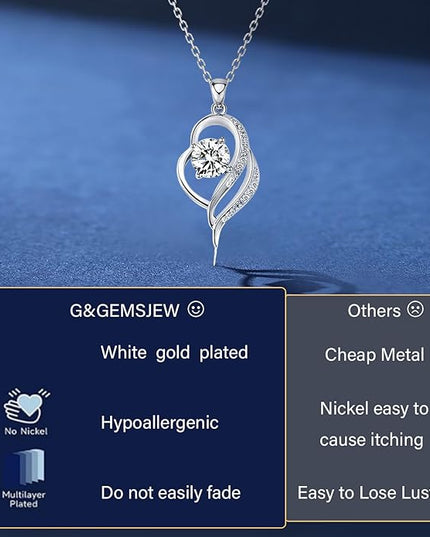 G&GEMSJEW Heart Necklaces for Women, 1-2 Carats Moissanite, 18K White Gold-Plated 925 Sterling Silver Round Brilliant Cut Moissanite Imitation Diamond Necklaces, Jewelry Gifts for Christmas Valentine's Day,Anniversary Present for Wife Women