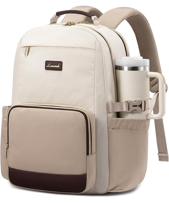 LOVEVOOK Laptop Backpack for Women with Pouch Pocket for Large Capacity Cup,18 Inch Laptop Computer Bag Travel Backpack Purse,Waterproof Work Business College Teacher Backpack,Beige-Nude-Logam Plum