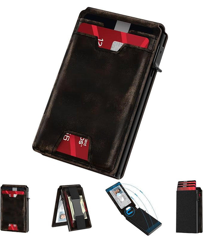 typecase Smart Wallet Card Holder for Men: Pop Up Card Case, Full Grain Leather, RFID Blocking, Slim, Minimalist, Thin, Front Pocket - 13 Card Capacitiy, ID Window, Cash Strap (‎‏‏‎ Burnished Black)