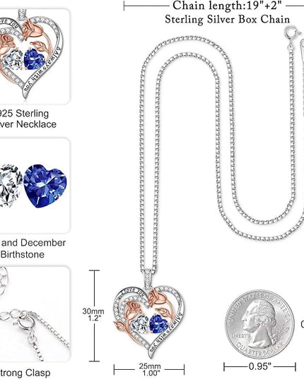 Iefil Christmas Gifts for Women Wife - 925 Sterling Silver Rose Heart Birthstone Necklace Birthday Anniversary Jewelry Gifts for Her Wife Mom Daughter