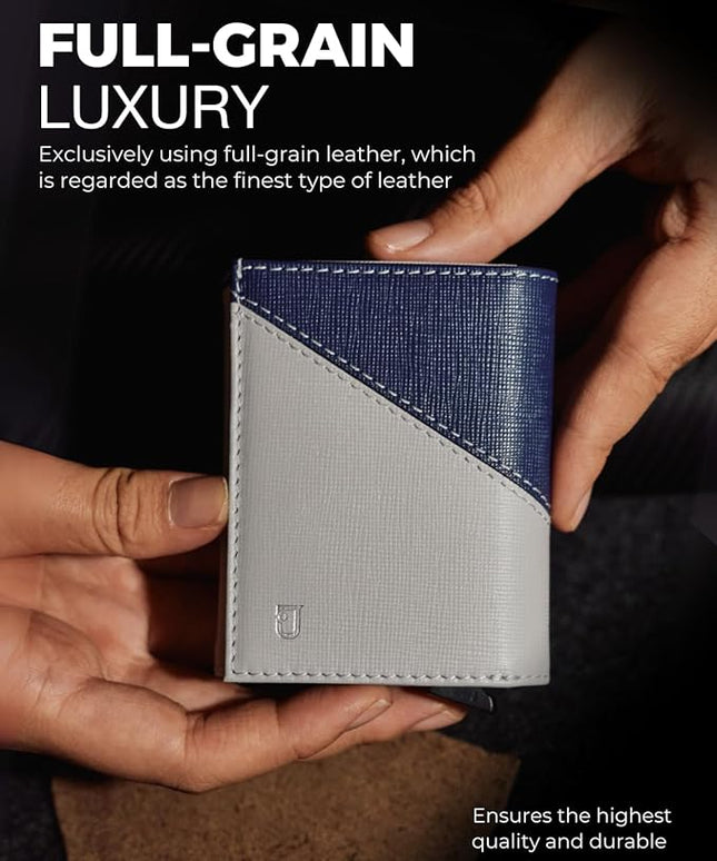 Jenoss Smart Wallet For Men: Full Grain Leather, Handcrafted, Slide Metal Pop Up Case, Slim RFID Blocking Credit Card Holder, Minimalist, Compact 12 Cards Slot Organizers, ID, Money Clip (Grey & Navy)