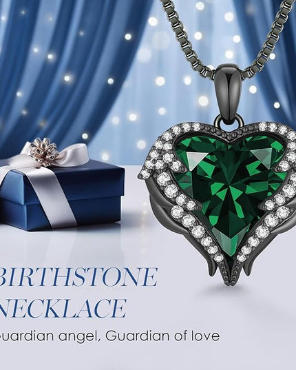CDE Christmas Gifts for Women Angel Wings Necklace for Women with Birthstone, Love Heart Silver Tone/Gold Tone Pendant, Ideal Anniversary or Birthday Jewelry Gifts for Wife Girlfriend Her