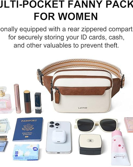 LATMAP 3L Fanny Packs for Women Cross Body Bag Vegan Leather Chest Belt Bag Fashion Waist Pack Small Bum Bag Crossbody for Travel Running Workout, Beige with Brown