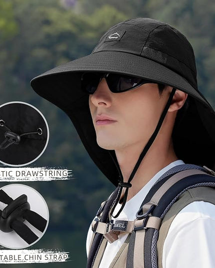 Rosoz Outdoor Sun Hat for Men Women, UPF50+ Protection Safari Cap Wide Brim Mesh Fishing Hat with Neck Flap Beach Garden