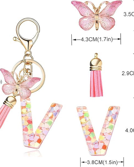 Fashion Alphabet Initial Letter Keychain Tassel Butterfly Pendant Key Ring for Purse Handbags Women Girl