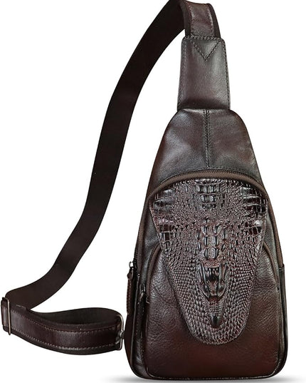 Genuine Leather Sling Bag Embossed Crocodile Pattern Leather Crossbody Sling Backpack Handmade Chest Purse Daypack (Coffee)
