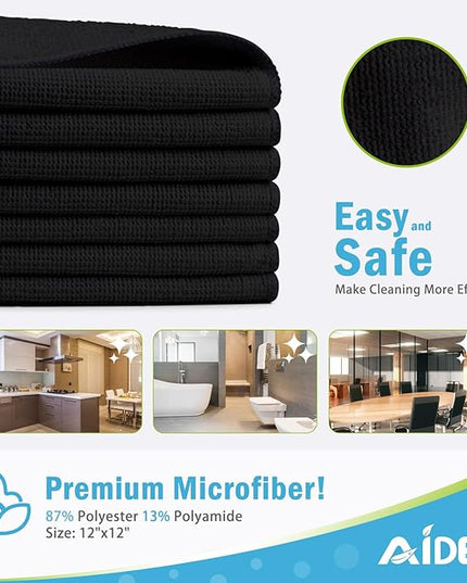 AIDEA Microfiber Cleaning Cloth 100PK, Soft Microfiber Towels for Cars, Absorbent Cleaning Rags, Lint-Free Streak-Free Wash Cloths for House, Kitchen, Window(12inx12in), Black
