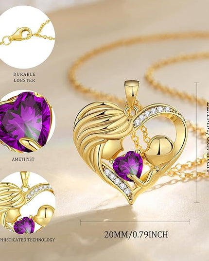 FANCIME Mom Birthstone Necklace Mother and Child Love Heart Necklace I Love You Mom Gifts Mothers Day Birthstone Jewelry Gifts for Grandmother Women Wife, 16"+2" Inches