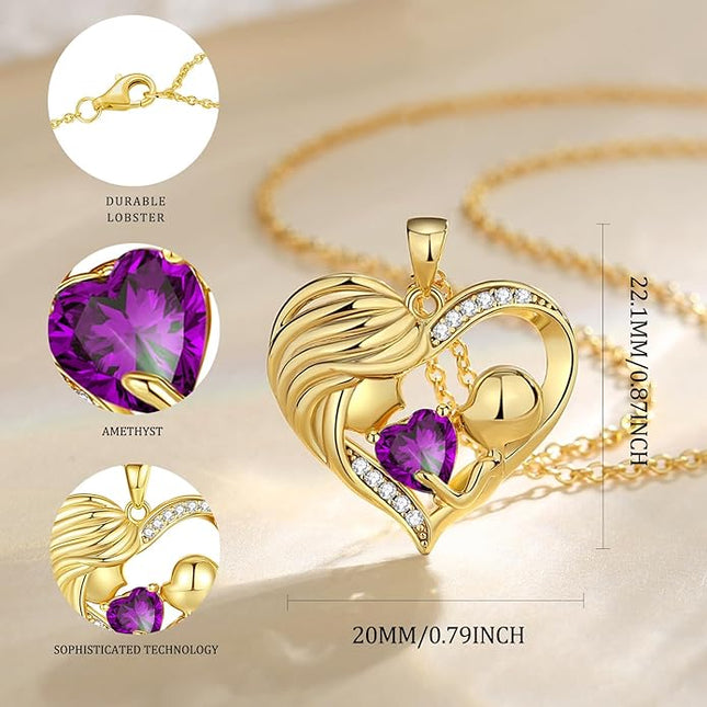 FANCIME Mom Birthstone Necklace Mother and Child Love Heart Necklace I Love You Mom Gifts Mothers Day Birthstone Jewelry Gifts for Grandmother Women Wife, 16"+2" Inches