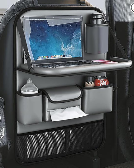 2 Pack Leather Car Backseat Organizer with Foldable Table Tray, Car Storage Organizer with Tablet Holder, Car Seat Back Protectors Kick MatsTravel Accessories