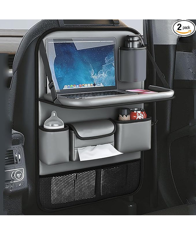 2 Pack Leather Car Backseat Organizer with Foldable Table Tray, Car Storage Organizer with Tablet Holder, Car Seat Back Protectors Kick MatsTravel Accessories