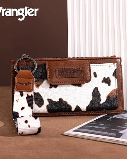 Montana West X Wrangler Cow Print Wallet for Women Ladies Female Card Cases & Money Organizers Wristlet with Wallet Large Clutch with Coin Purse Smooth Zipper and Rfid Lining