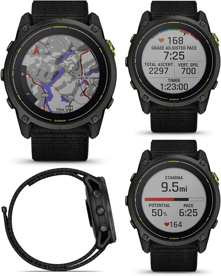 Wearable4U Garmin Enduro 3 – 51 mm, Solar, Sapphire, Ultraperformance GPS Smartwatch, Carbon Gray DLC Titanium with Black UltraFit Nylon Strap Black Earbuds Bundle