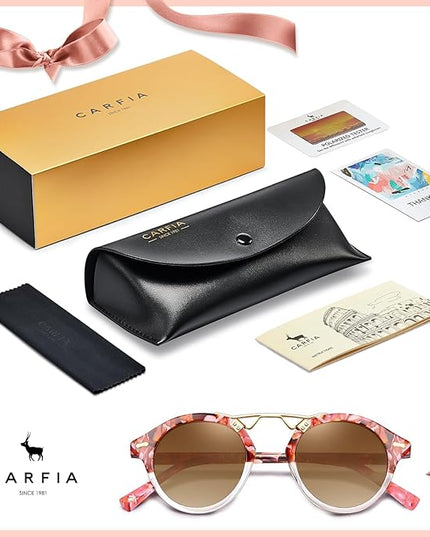 CARFIA Small Face Acetate Polarized Sunglasses for Women UV Protection, Retro Double Bridge Eyewears Metal Brow Round Sunnies