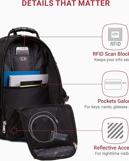 SwissGear 1900 ScanSmart 17” Laptop Backpack Blue/Black – Reflective Tech Backpack with ScanSmart Compartment – Multiple Organizer Pockets & RFID Scan Blocking Technology