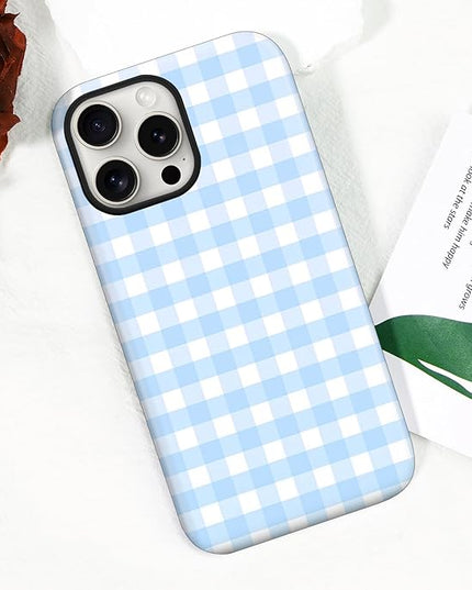 Magnetic for iPhone 15 Pro Case Cute Checkered Stripes Phone Case for Women Girls, Shockproof Slim TPU and Hard PC Protective Phone Cover Compatible with MagSafe Designed, Blue