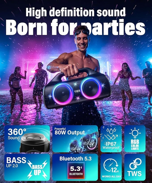 Speakers, 80w (Peak) Portable Wireless Speaker with Lights, Stereo Loud Sound, IP67 Waterproof, Deep Bass Outdoor Speakers Bluetooth 5.3 Dual Pairing for Home Party Beach Camping, Gifts