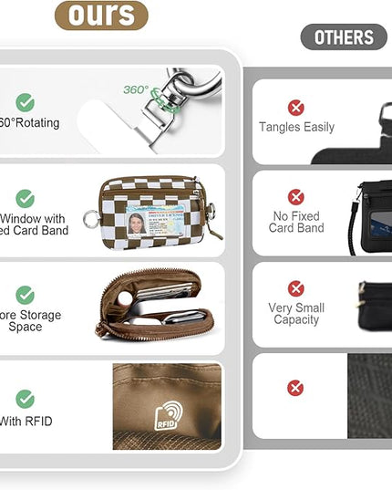 Clip and Go Strap for Phone with Wallet Crossbody Phone Lanyard and Detachable Checkered Bag with ID Window and RFID Pouch for Daily Travel.