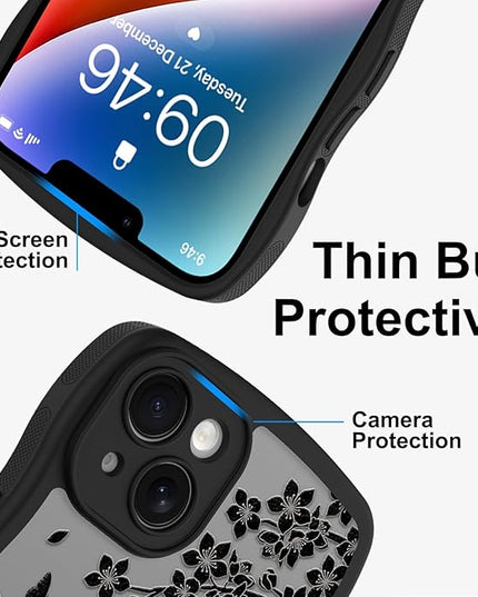 Wavy Case for iPhone 14 Plus Case with Stand [Compatible with MagSafe] Cute Black Cat & Floral & Butterflies Pattern Design, Kawaii 360 Magnetic Ring Kickstand Phone Cover for Women Girls