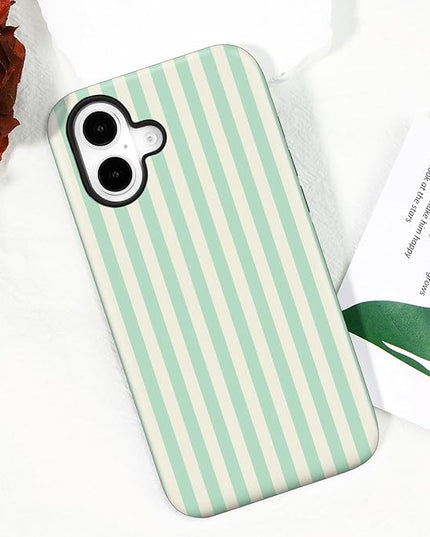 Magnetic for iPhone 17 Case Cute Stripes Phone Case, Shockproof Slim TPU and Hard PC Protective Phone Cover Compatible with MagSafe Designed for Women Girls, Light Green